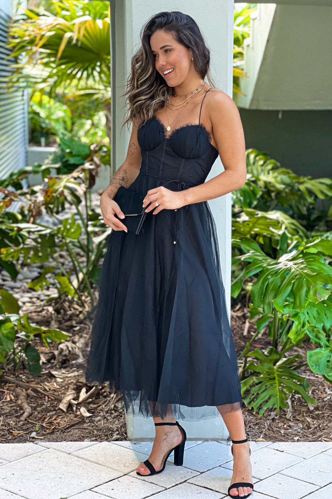 Black Tulle Midi Dress With Lace Detail | Midi Dresses – Saved by