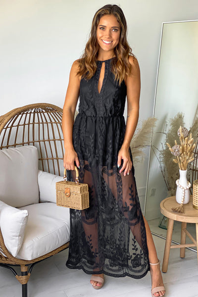 black lace sleeveless maxi romper with cut out