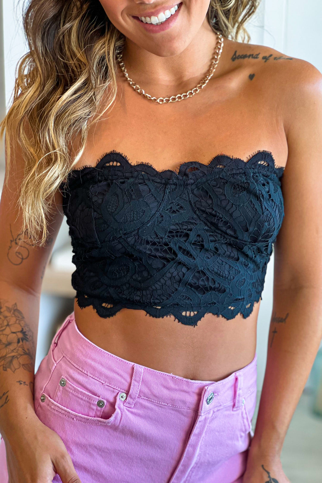 Black Lace Strapless Crop Top