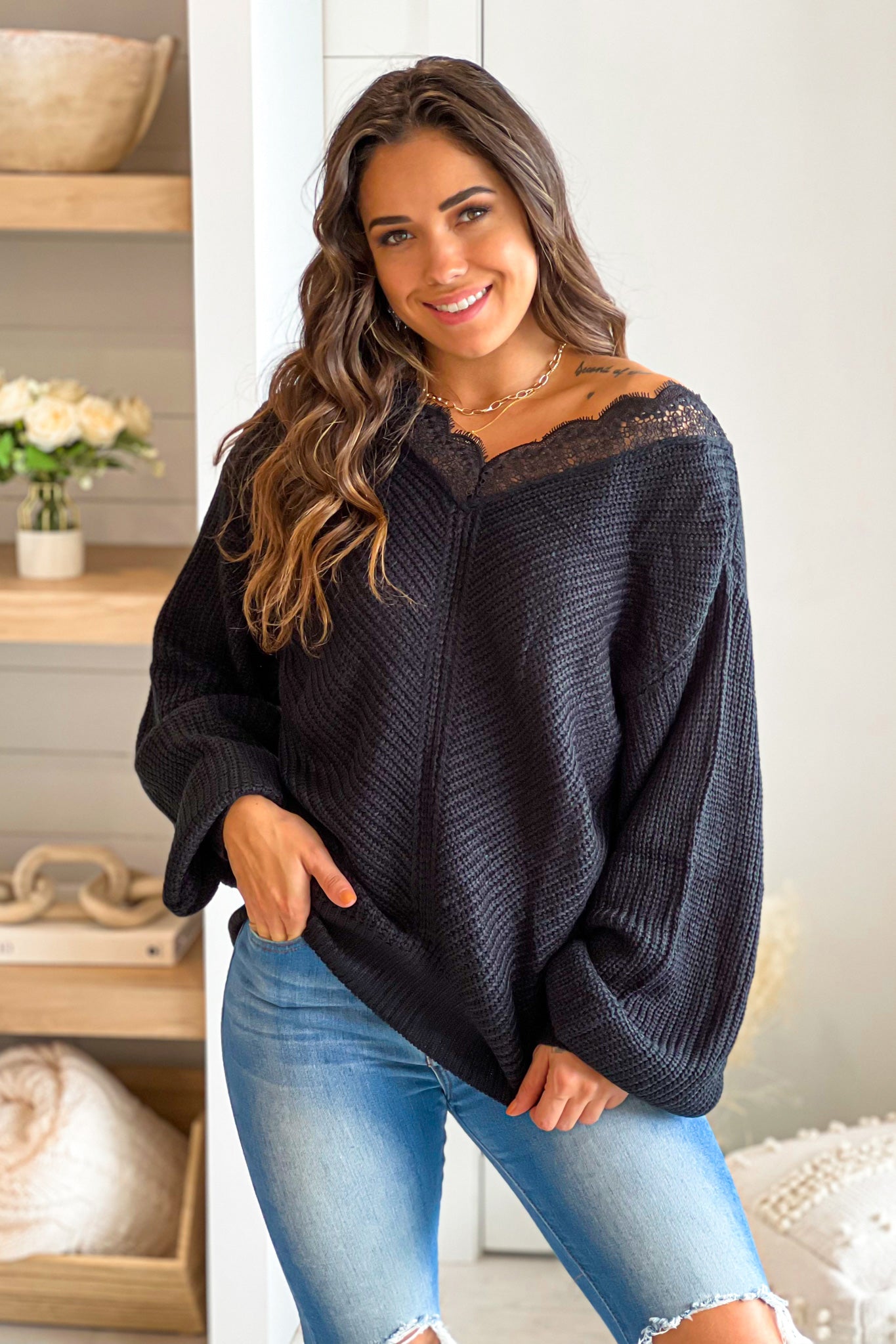 black lace trim sweater