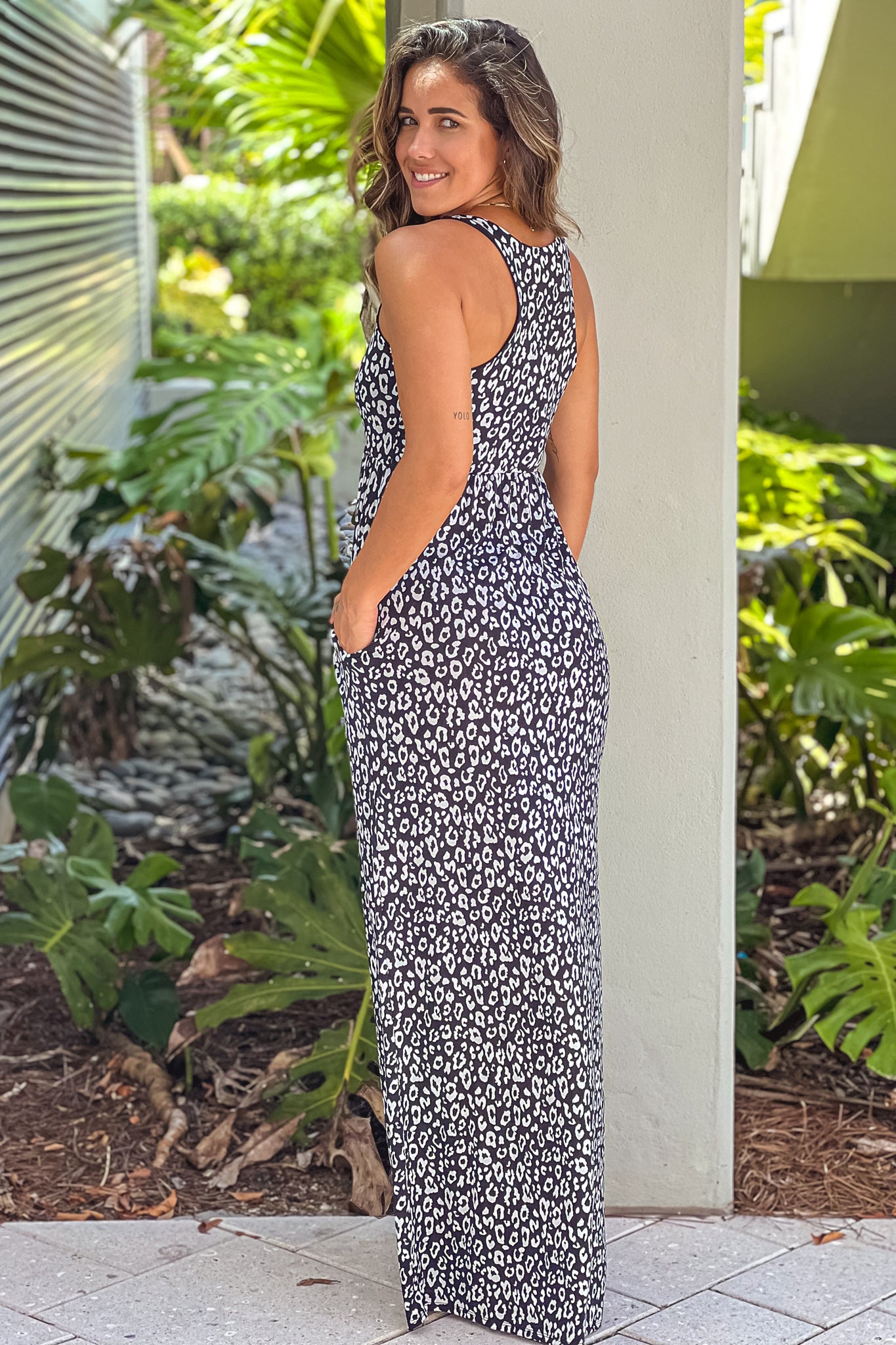 Black Leopard Print Maxi Dress With Pockets