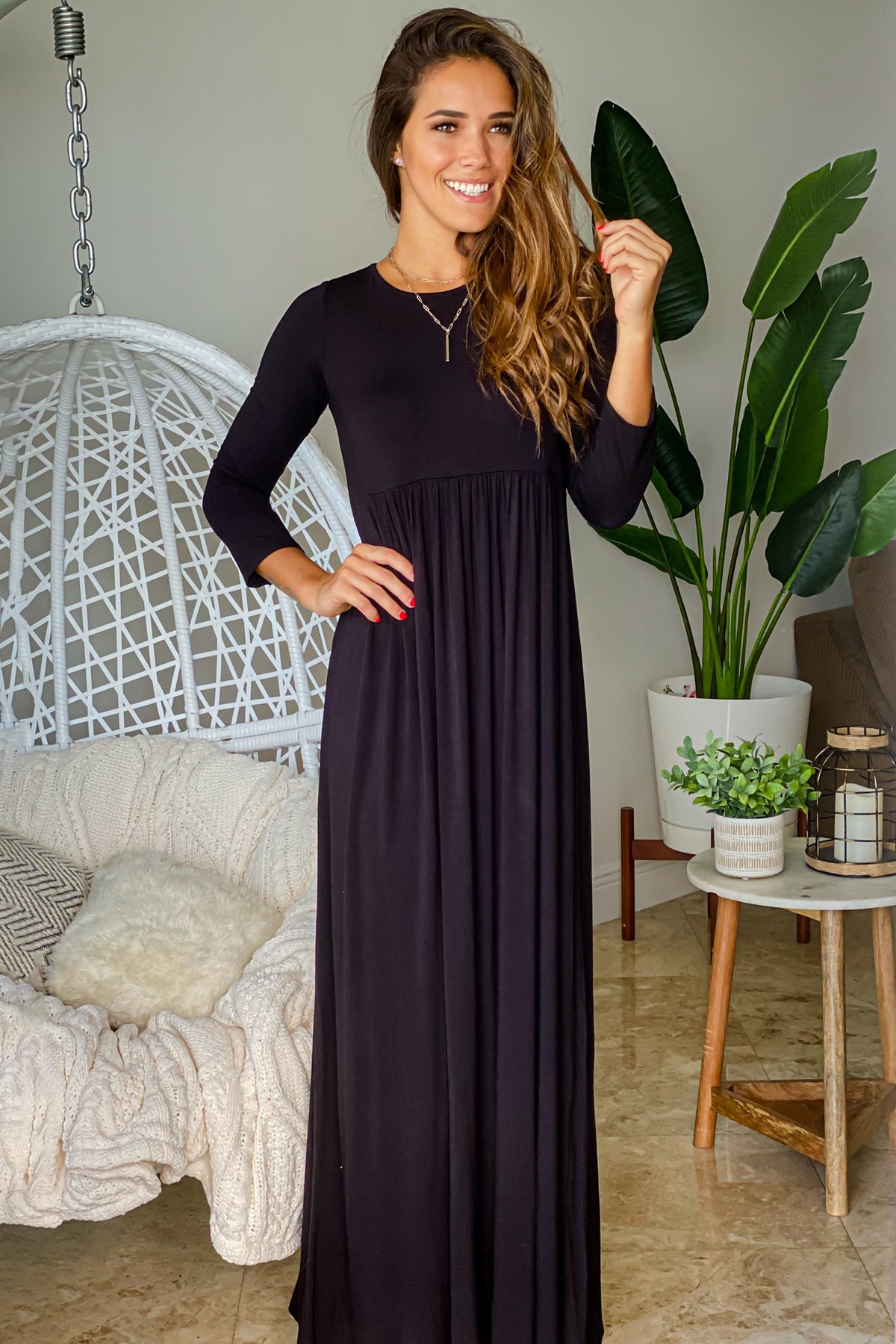 Black Maxi Dress with 3/4 Sleeves | Black Long Dress | Casual Maxi ...