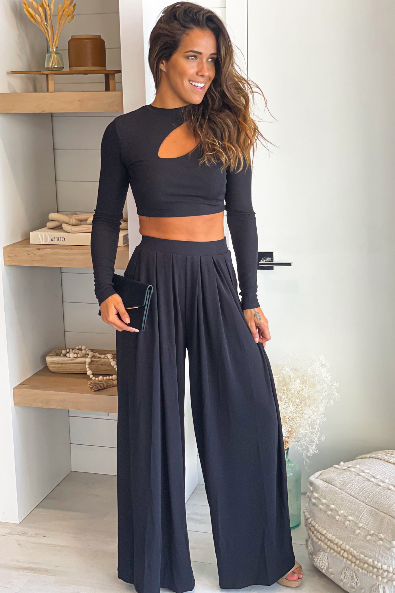 Long Sleeve Crop Top And High Waisted Pants Set Black Top Long
