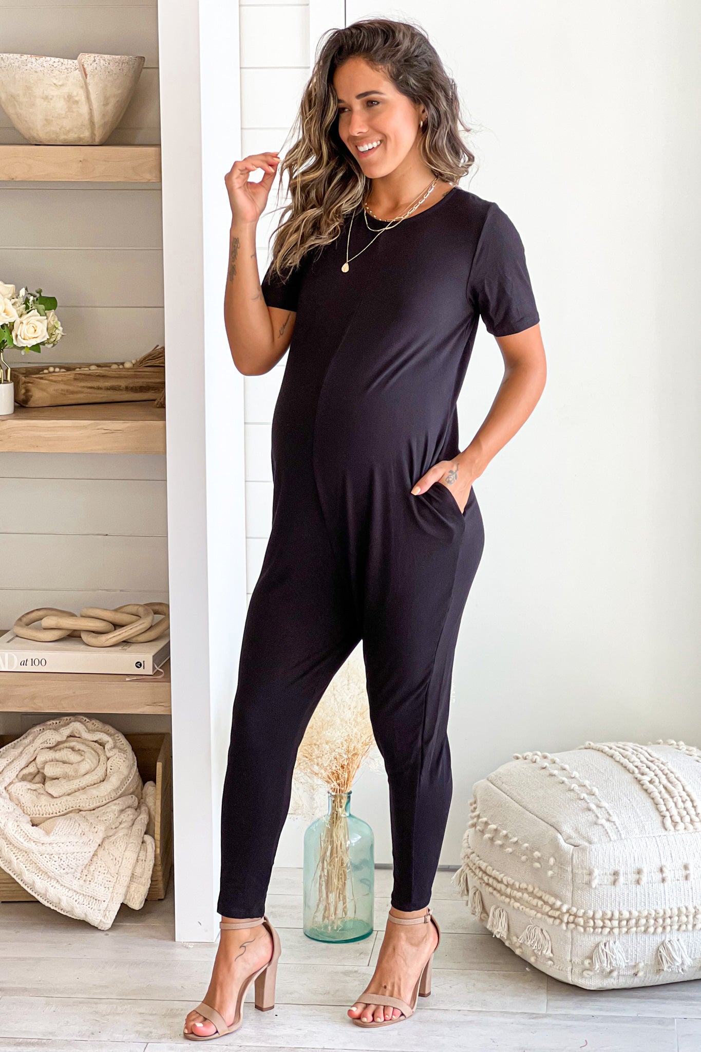 black maternity jumpsuit with pockets
