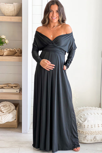 black maternity maxi dress with dolman sleeves and pockets