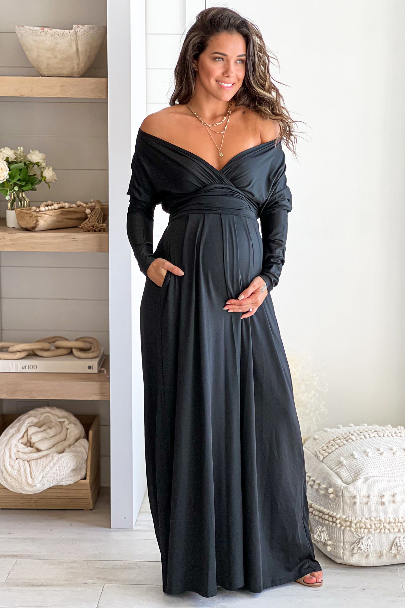 black maternity maxi dress with dolman sleeves