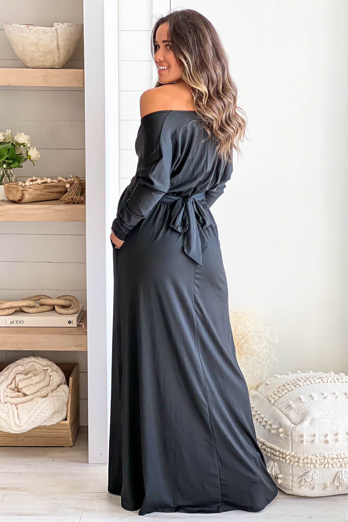 black maternity maxi dress with pockets