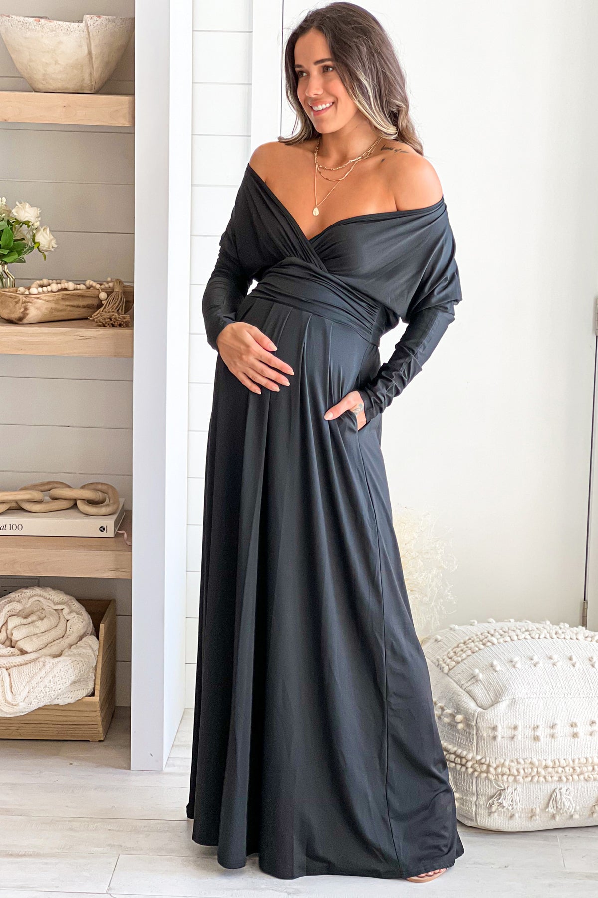 Black Maternity Maxi Dress With Dolman Sleeves And Pockets