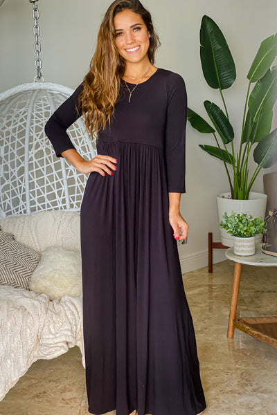 black maxi dress with 3/4 sleeves