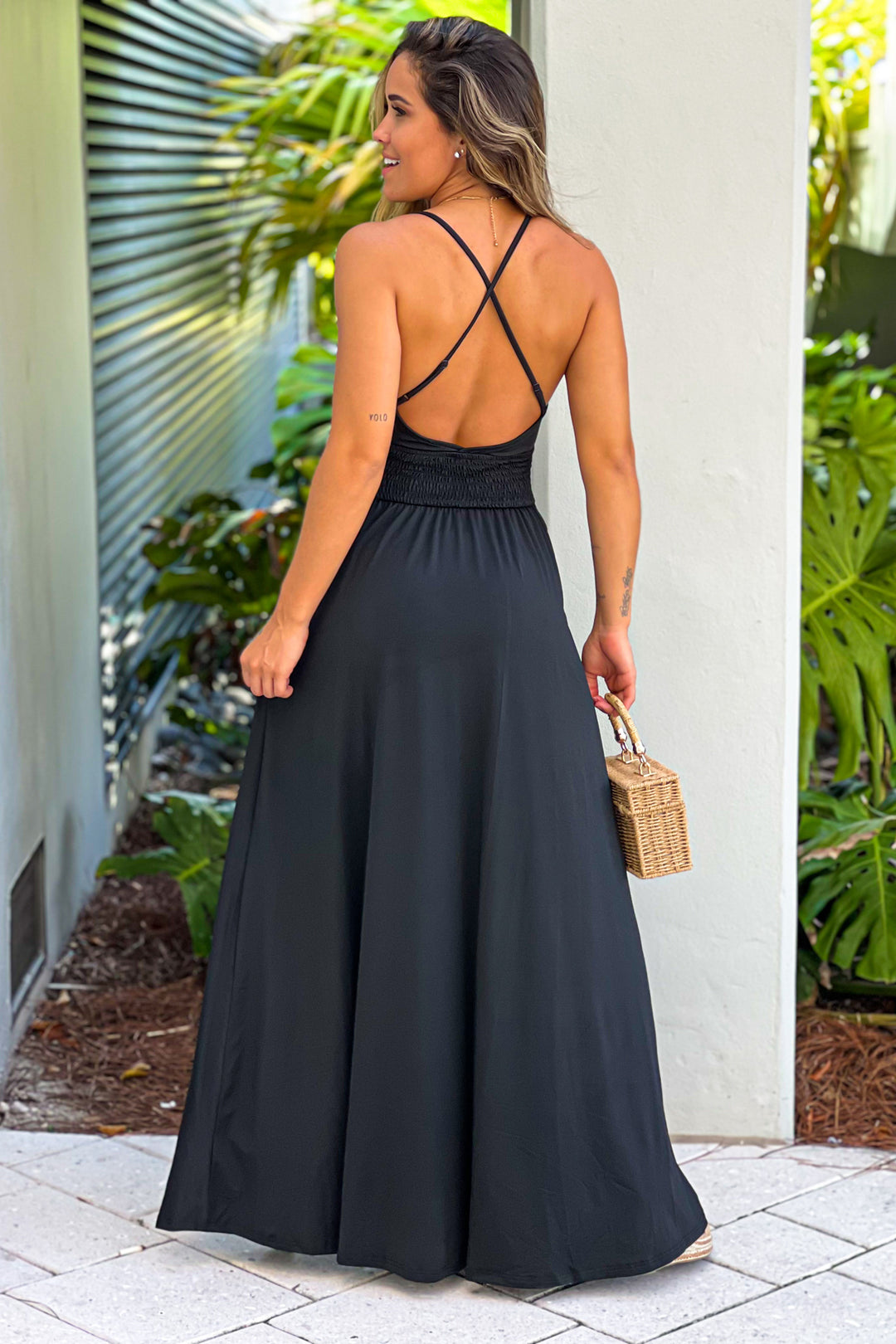 Black Maxi Dress with Criss Cross Back and Side Slit | Maxi Dresses Saved by the Dress Black Maxi Dress with Criss Cross Back and Side Slit | Maxi Dresses Saved by the Dress