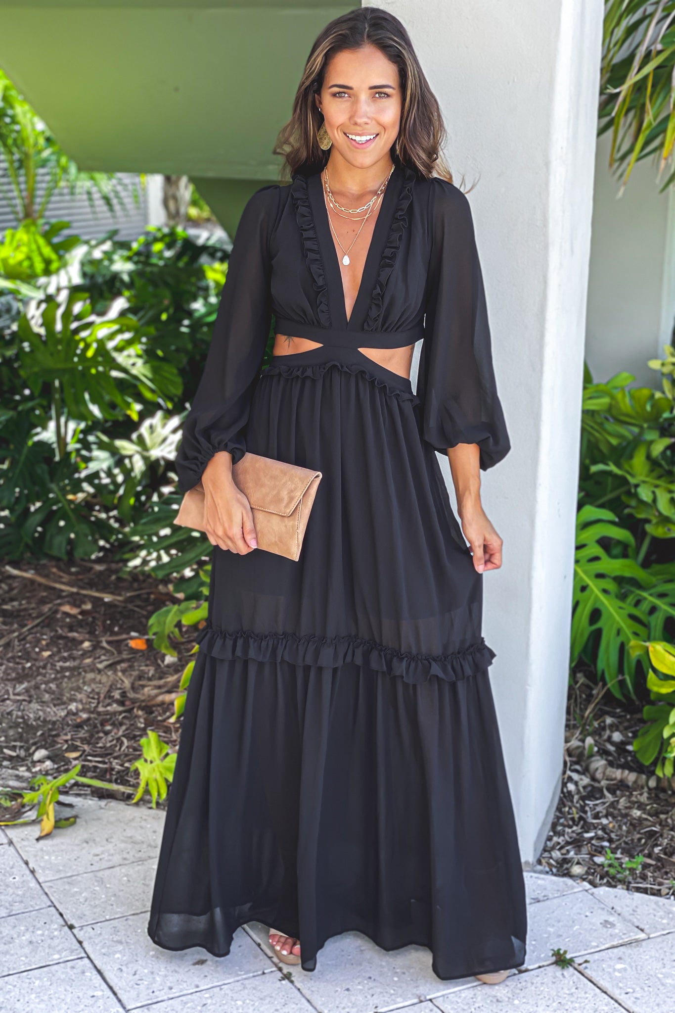 black maxi dress with cut out and long sleeves