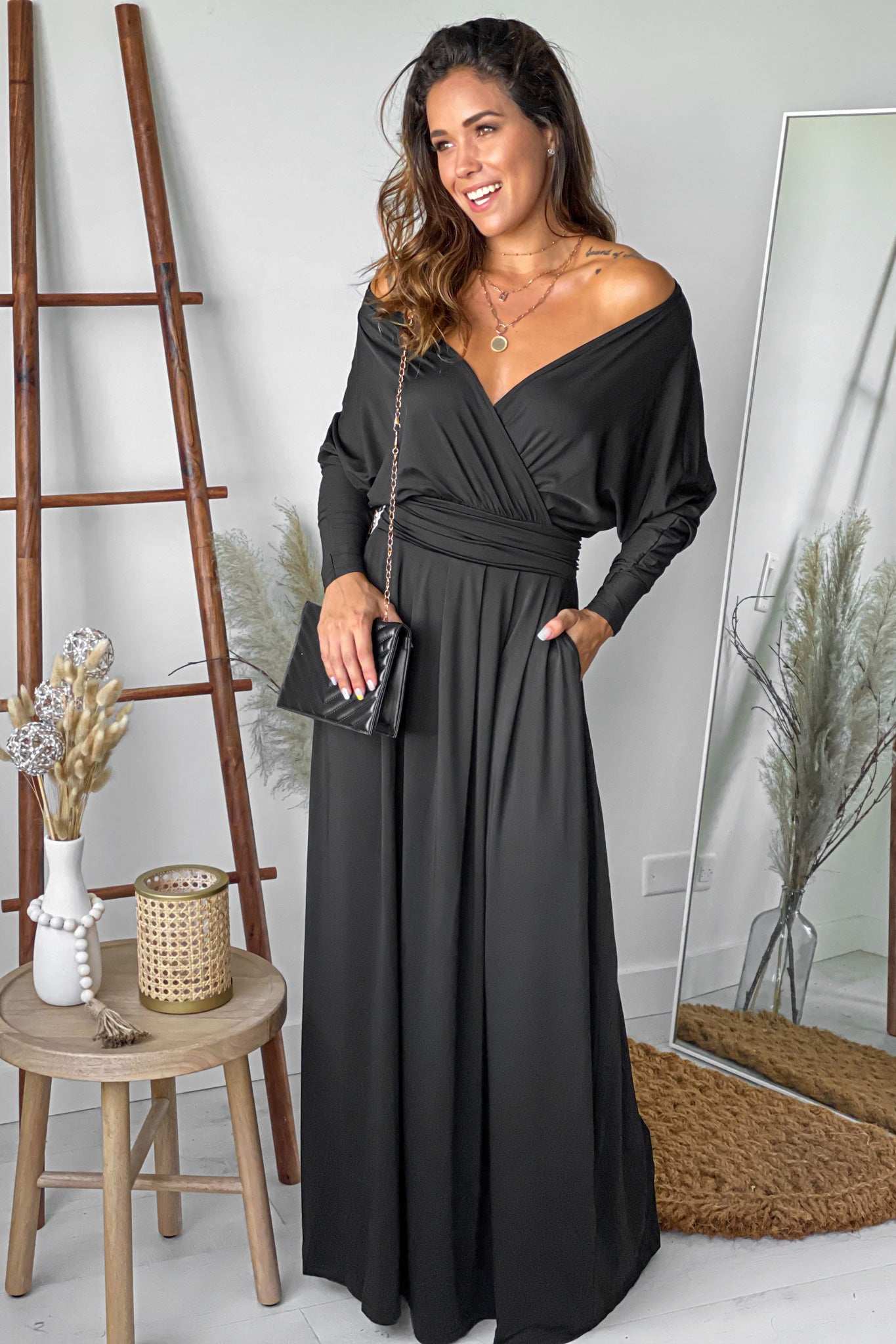 black maxi dress with dolman sleeves