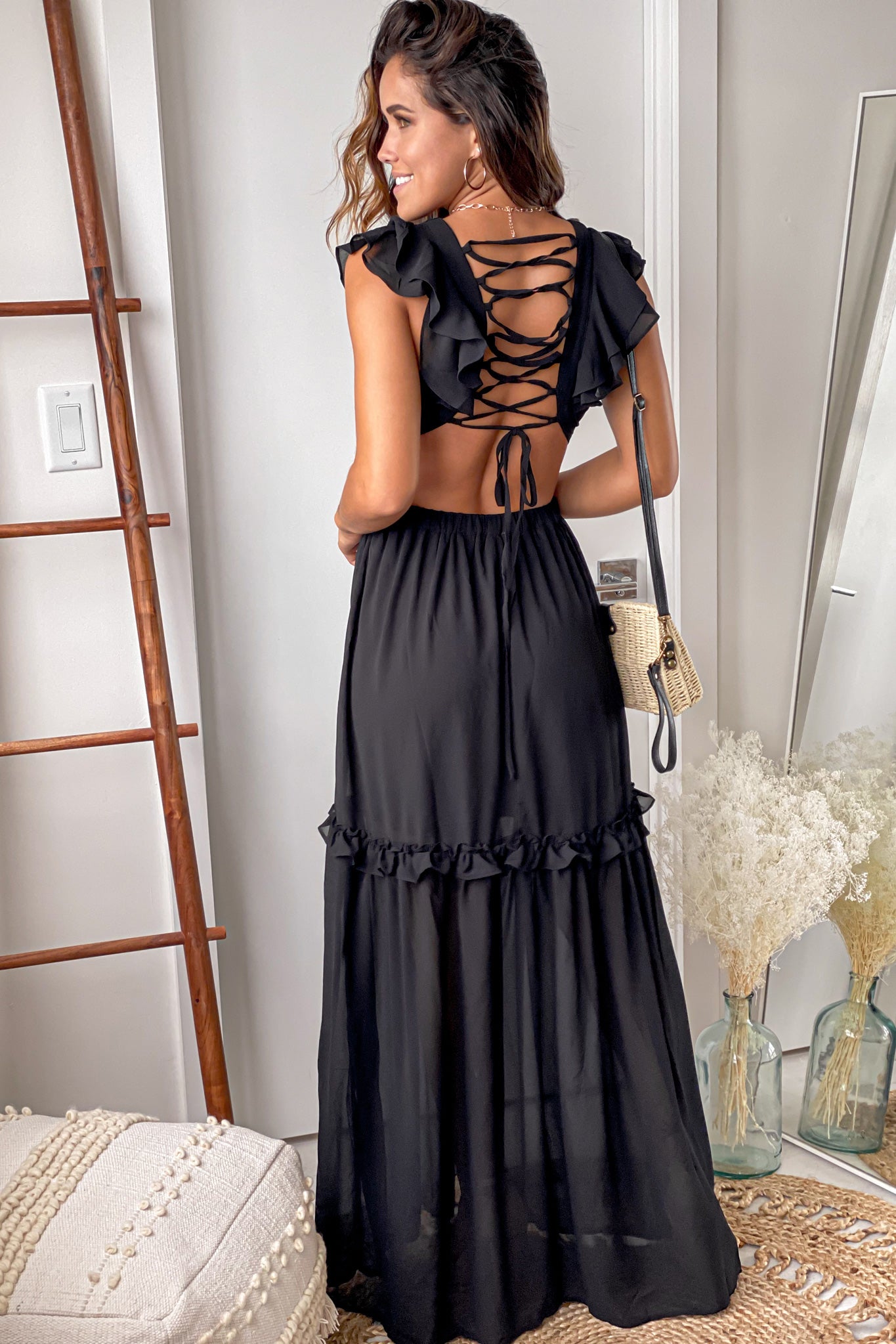 black maxi dress with lace up back