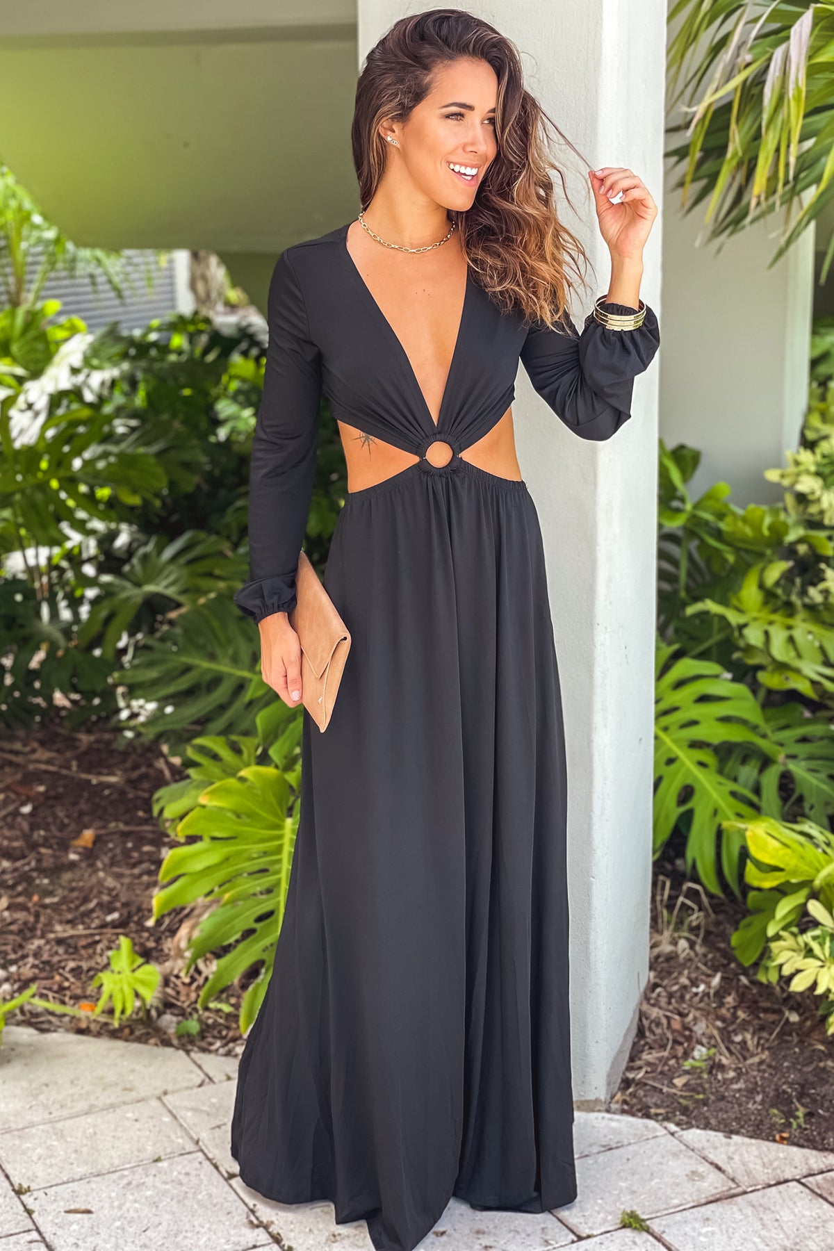Black V-Neck Maxi Dress With Long Sleeves | Maxi Dresses – Saved by the ...
