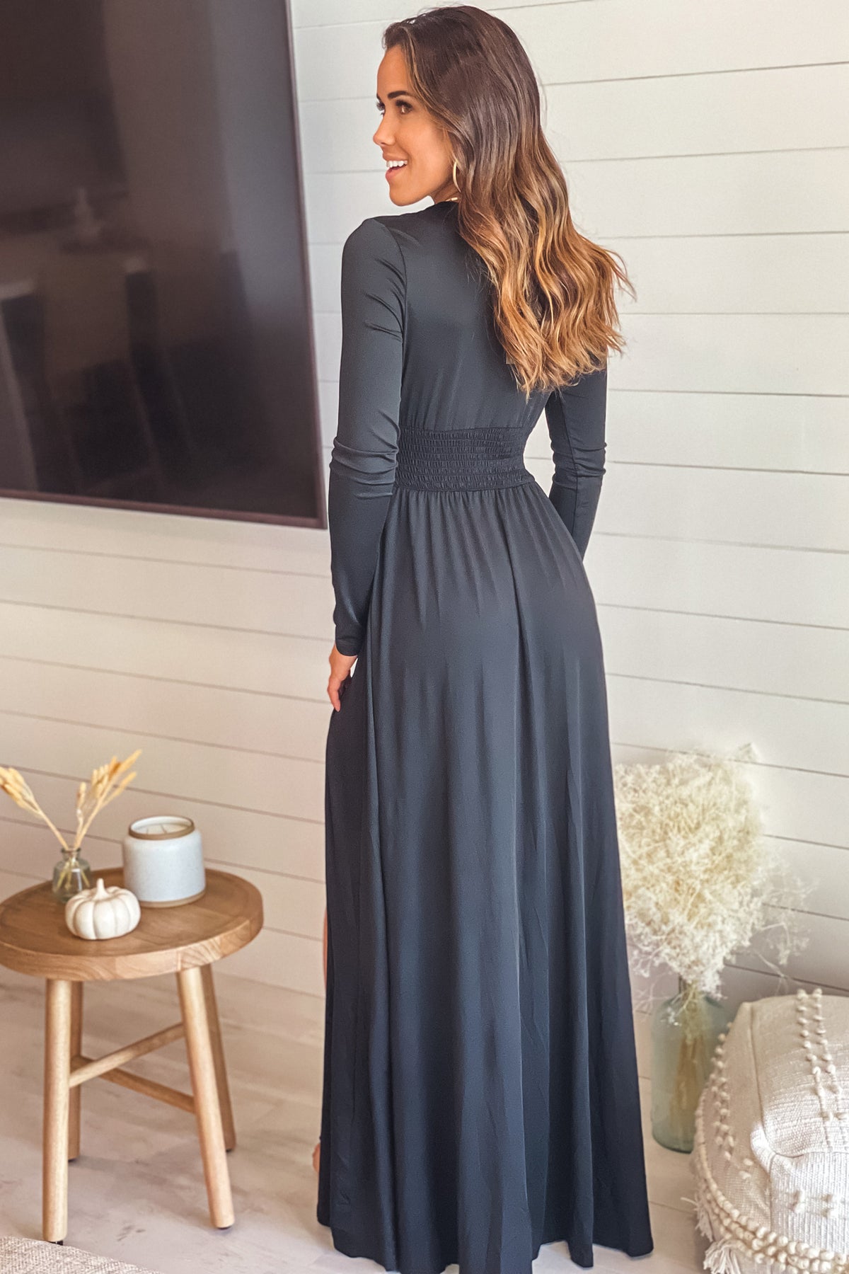 Black V-Neck Maxi Dress With Long Sleeve And Slit | Maxi Dresses ...