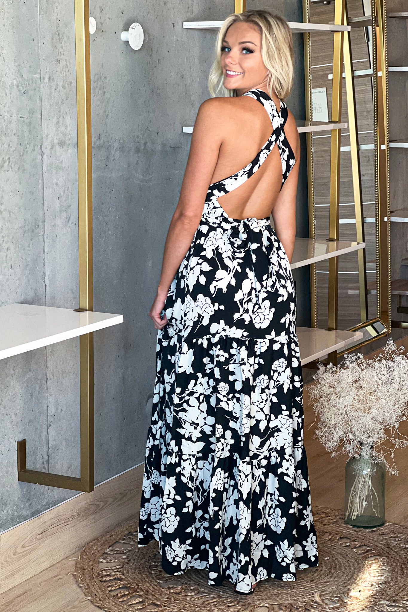 black maxi dress with open back