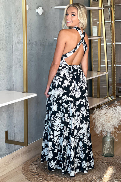 black maxi dress with open back