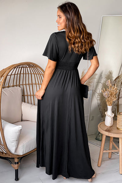 black maxi dress with short sleeves