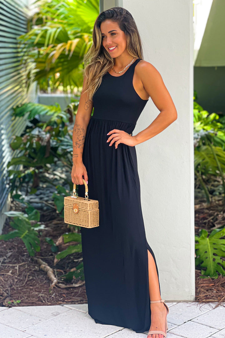【Rest & Recreation】 ★ SLIT BACK DRESS ★ black-maxi-dress-with-side-