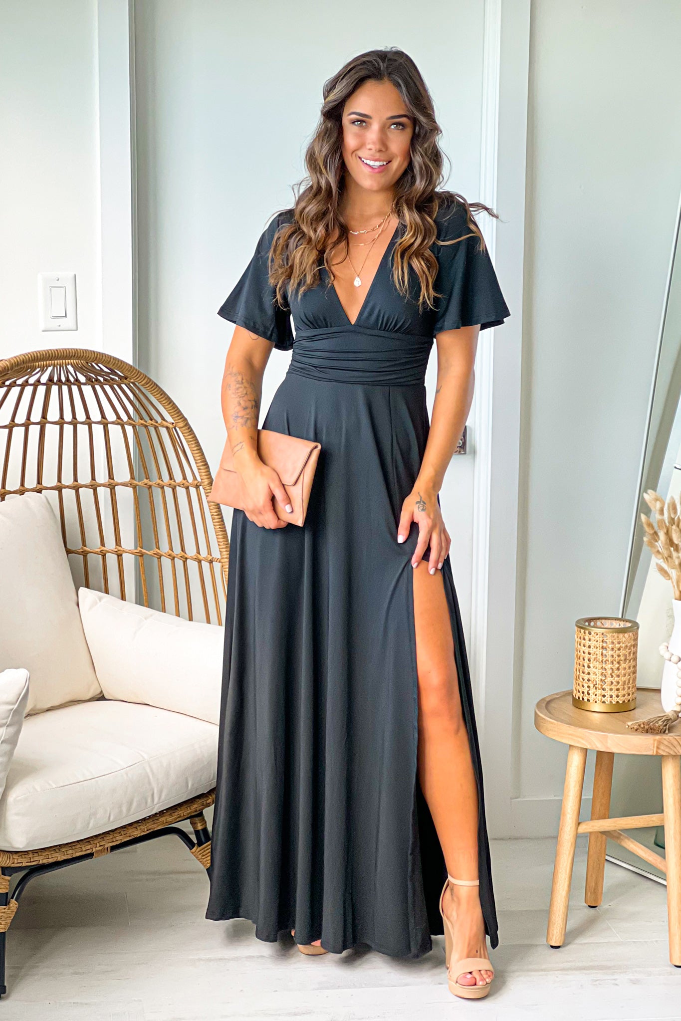 black maxi dress with slit and short sleeves