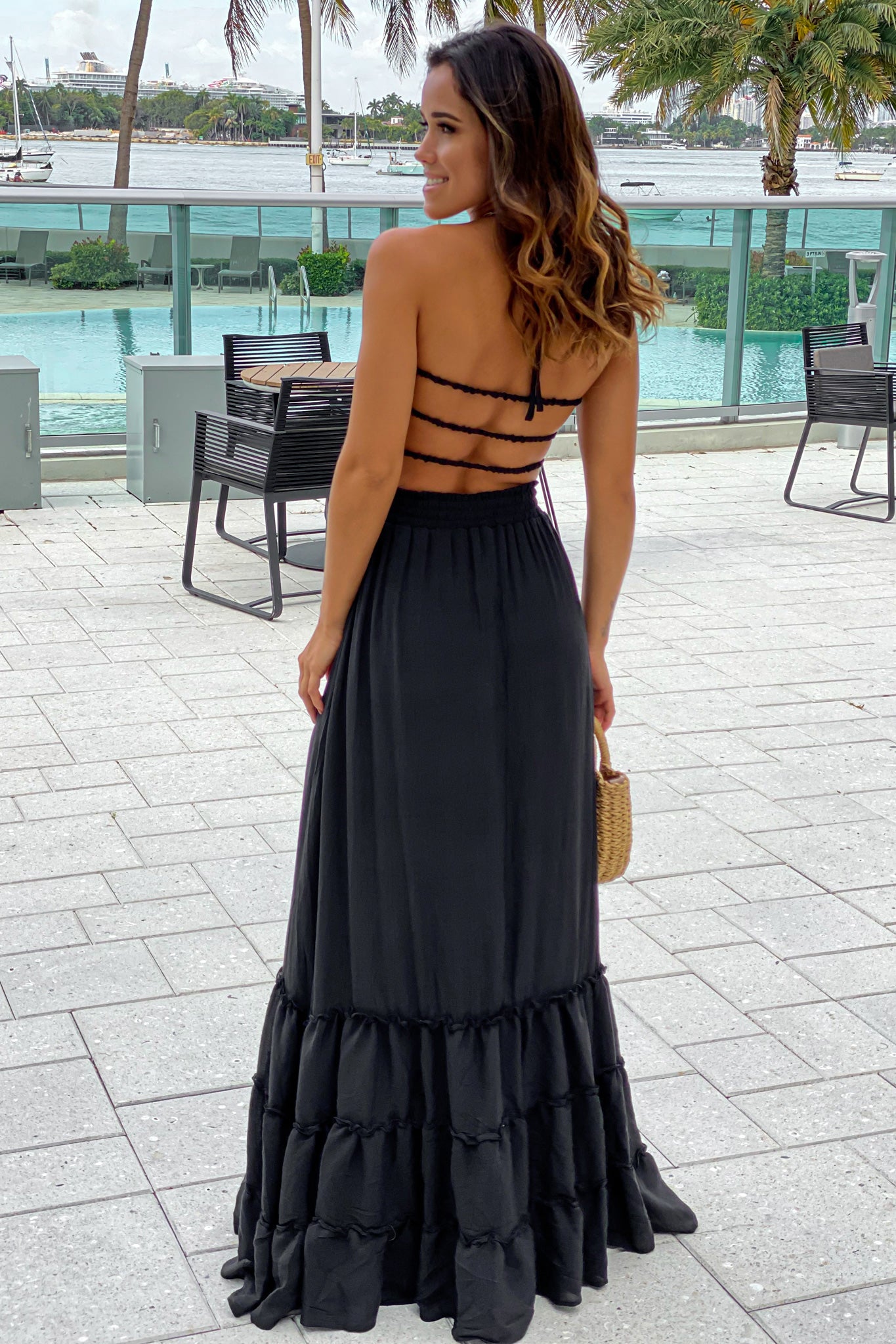 black maxi dress with strappy back