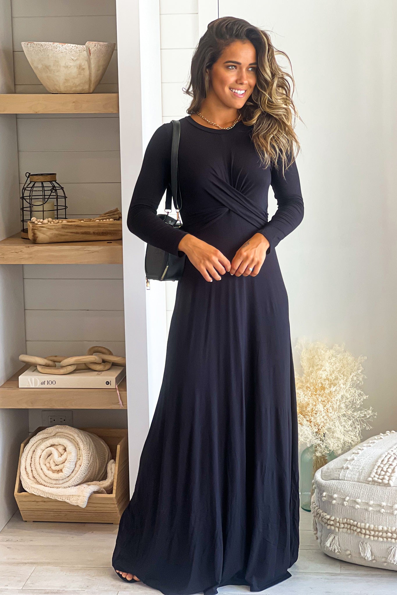 black maxi dress with twisted front