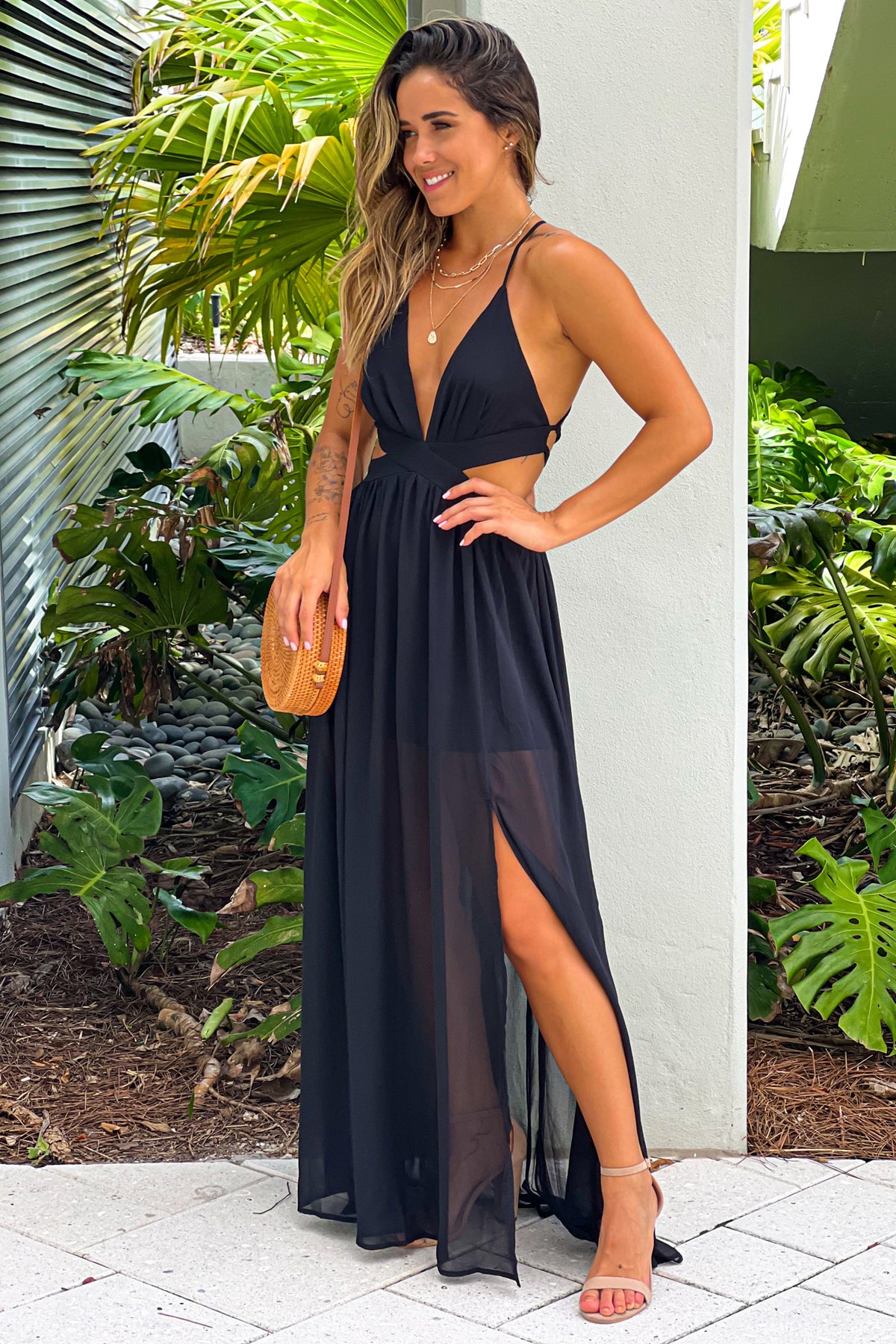 Black Cut Out Maxi Dress With Criss Cross Back