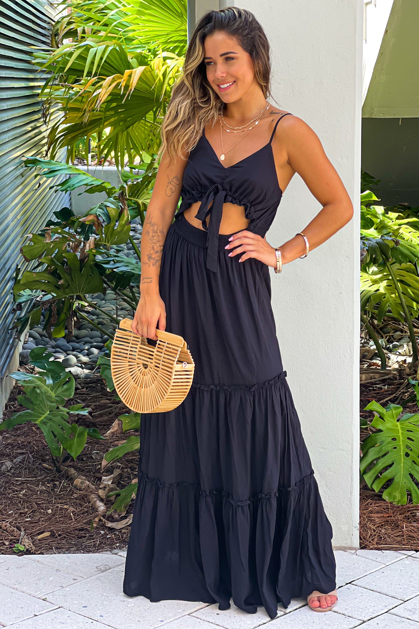 Black Ruffled Maxi Dress With Cut Out Front