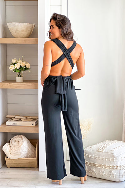 black multi tie backless jumpsuit