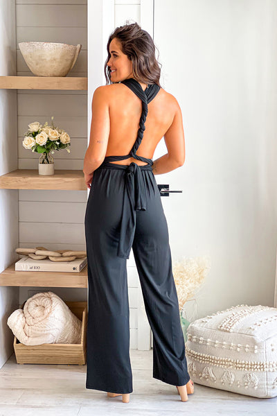 black multi tie backless jumpsuit