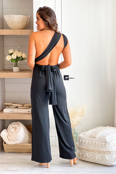 black multi tie backless jumpsuit