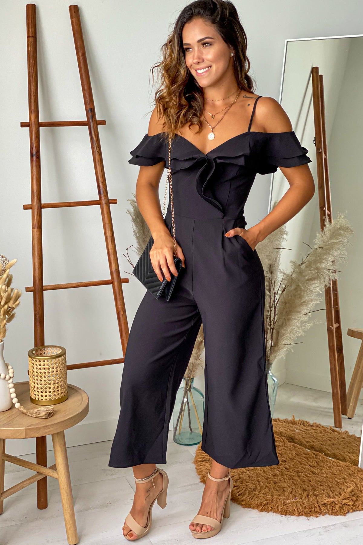 Black Off Shoulder Ruffle Jumpsuit | Jumpsuits – Saved by the Dress