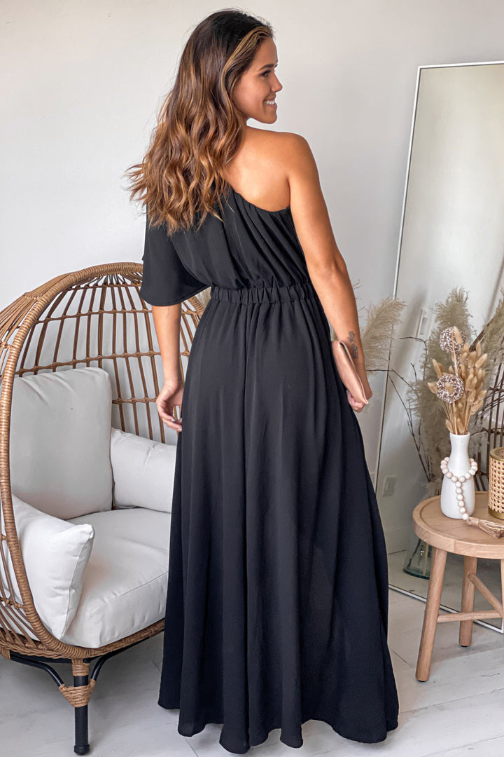 black one shoulder high low dress One Shoulder Gown in style AL A1053