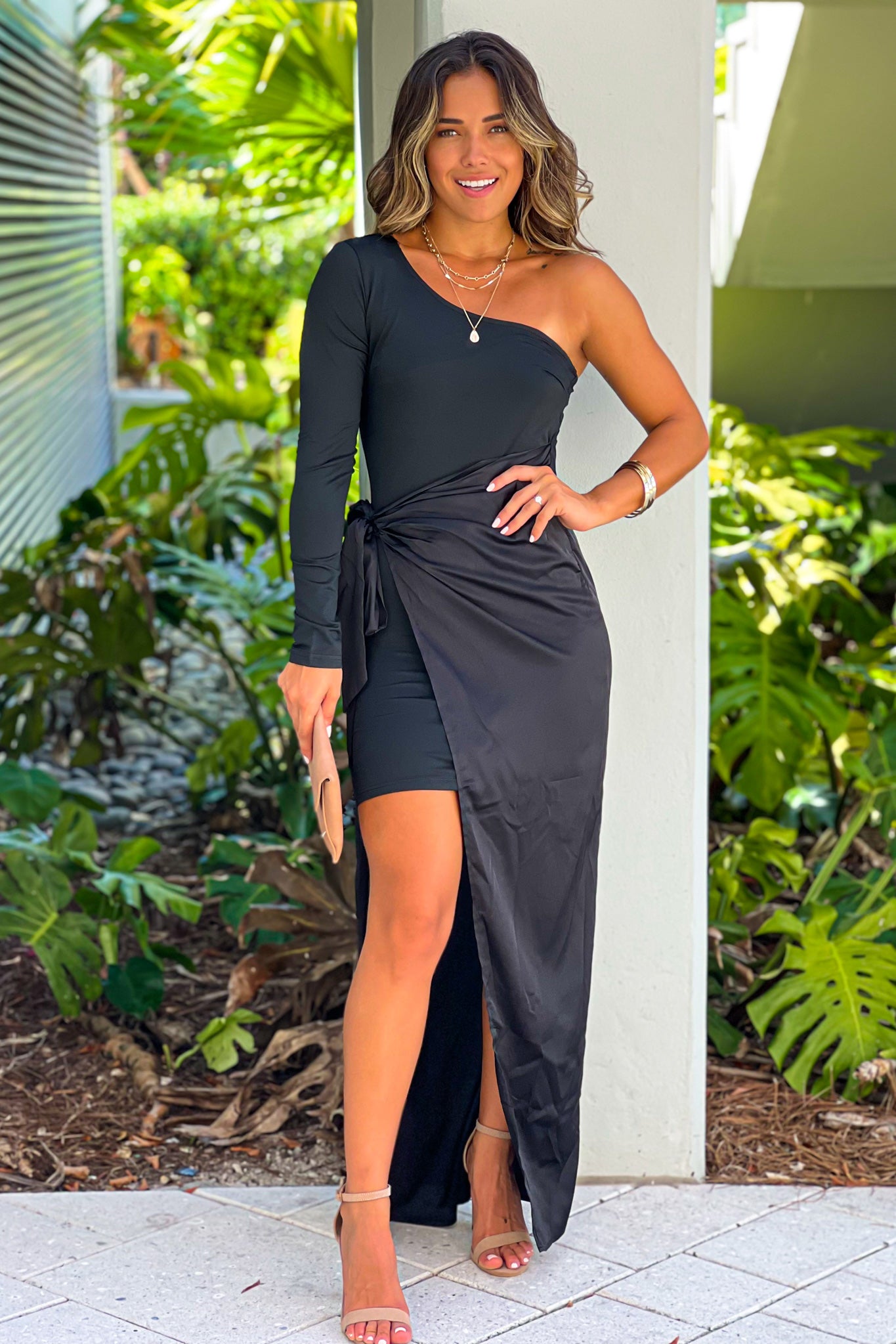 black one shoulder maxi dress with tie