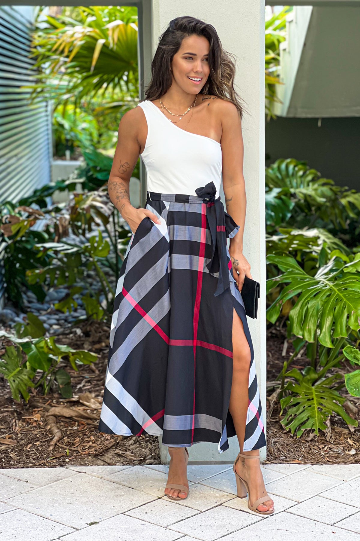 Black Printed One Shoulder Midi Dress With Pockets