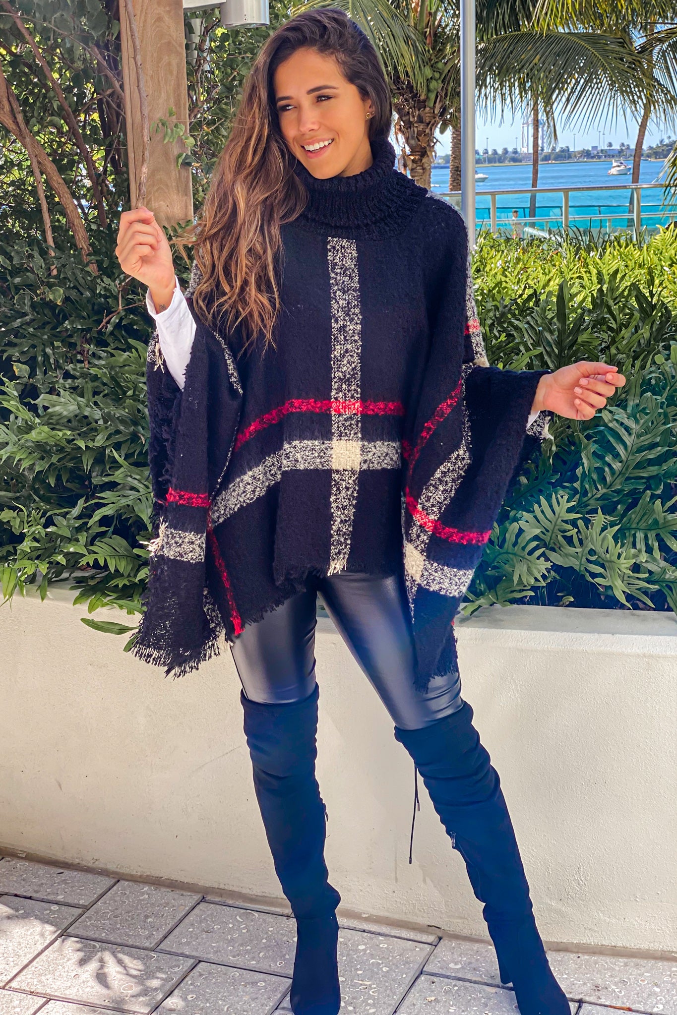 black plaid turtleneck poncho