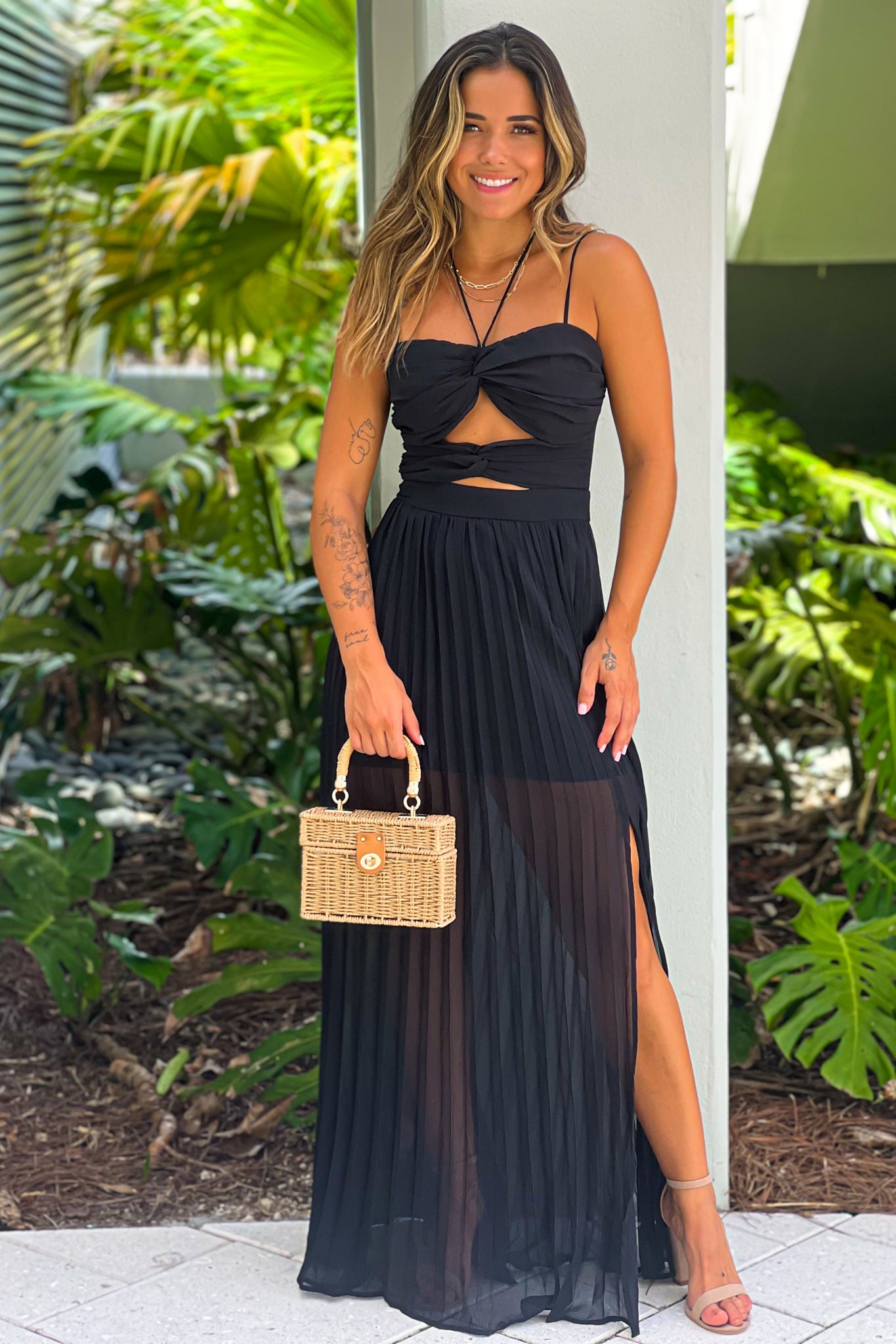 black pleated maxi dress with cut out front