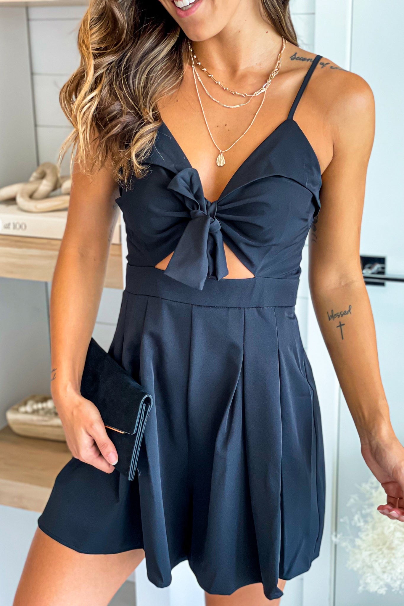 black romper with cut out and tie front