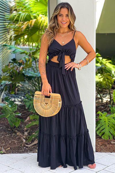 black ruffled maxi dress with cut out front