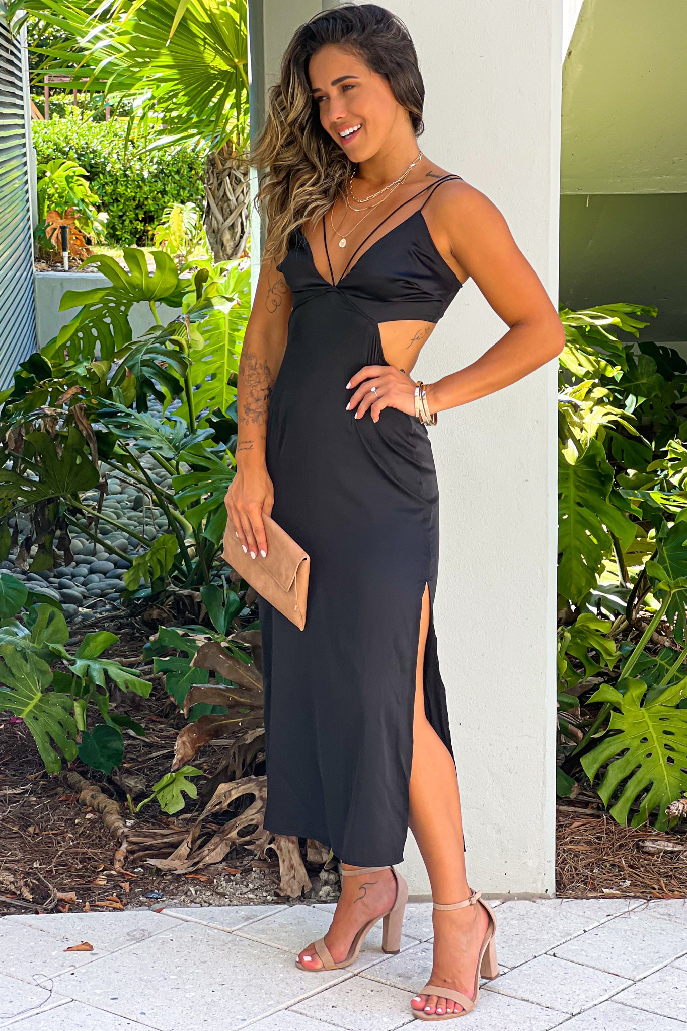 Black Satin Dress With Cut Out