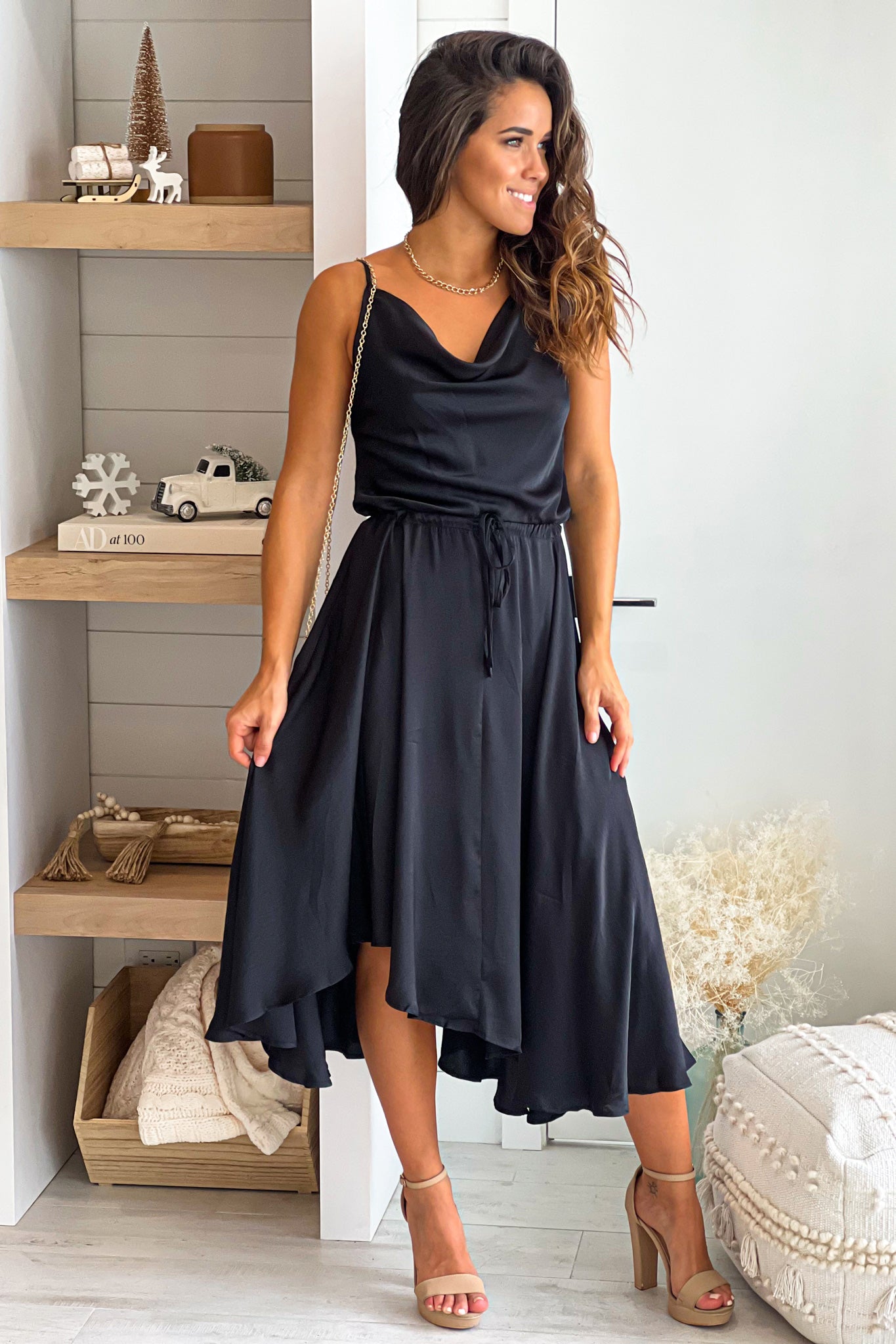 Black Satin Midi Dress With Cowl Neck | Midi Dresses Saved by the Dress Black Satin Midi Dress With Cowl Neck | Midi Dresses Saved by the Dress