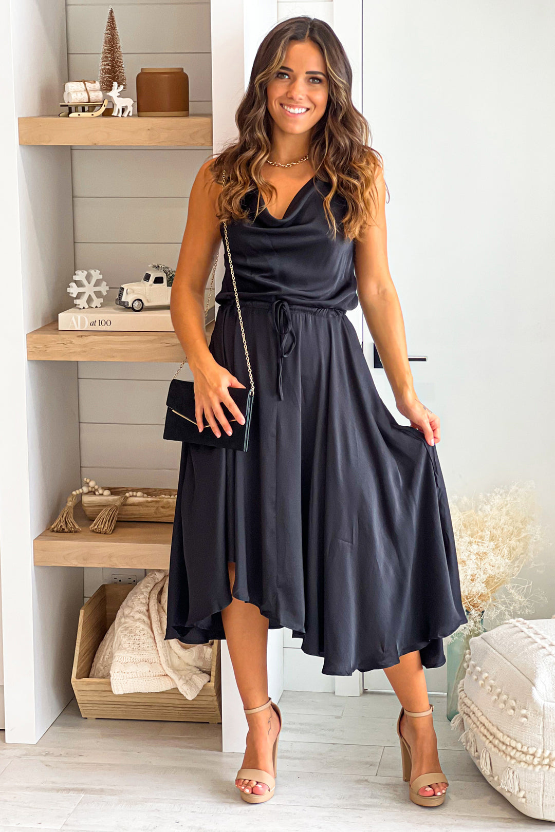 knee length dresses for ladies Black Satin Midi Dress With Cowl Neck