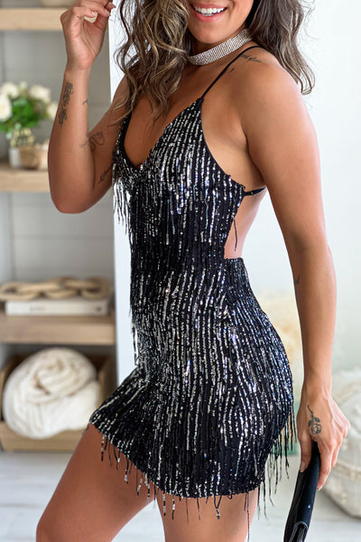 black sequin embellished open back short dress