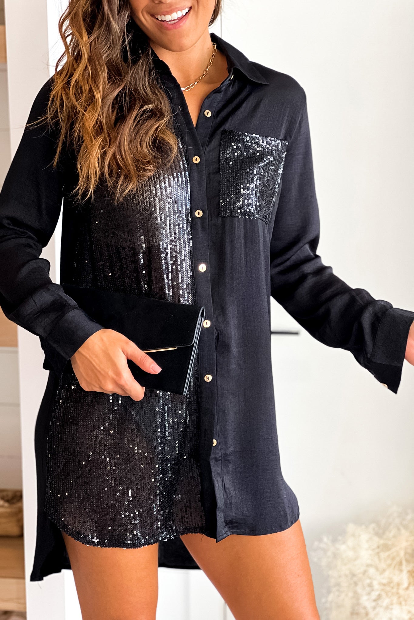 black shirt dress with sequin details