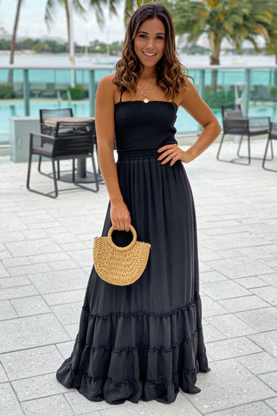 black smocked maxi dress with strappy back
