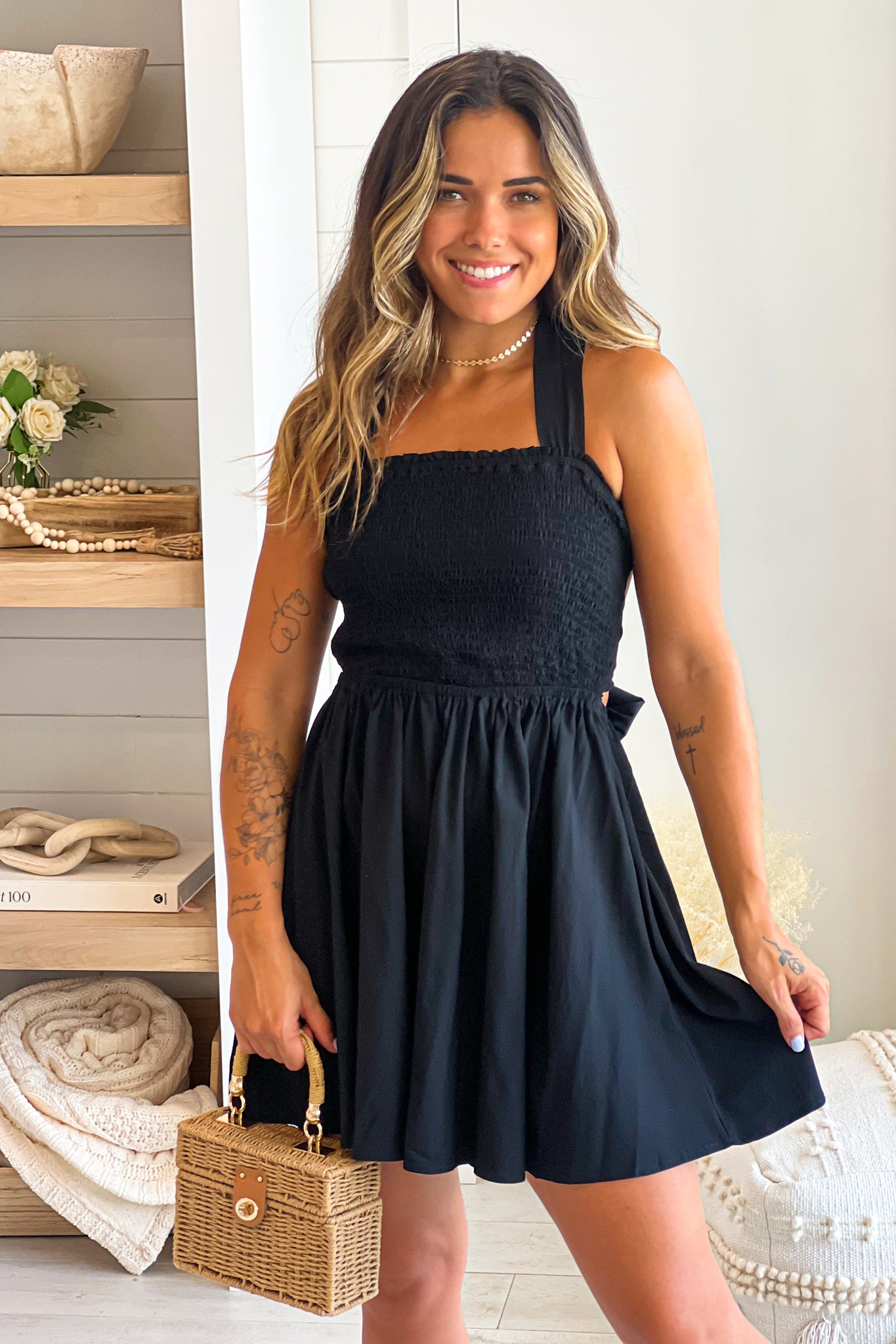 black smocked top short dress with criss cross back