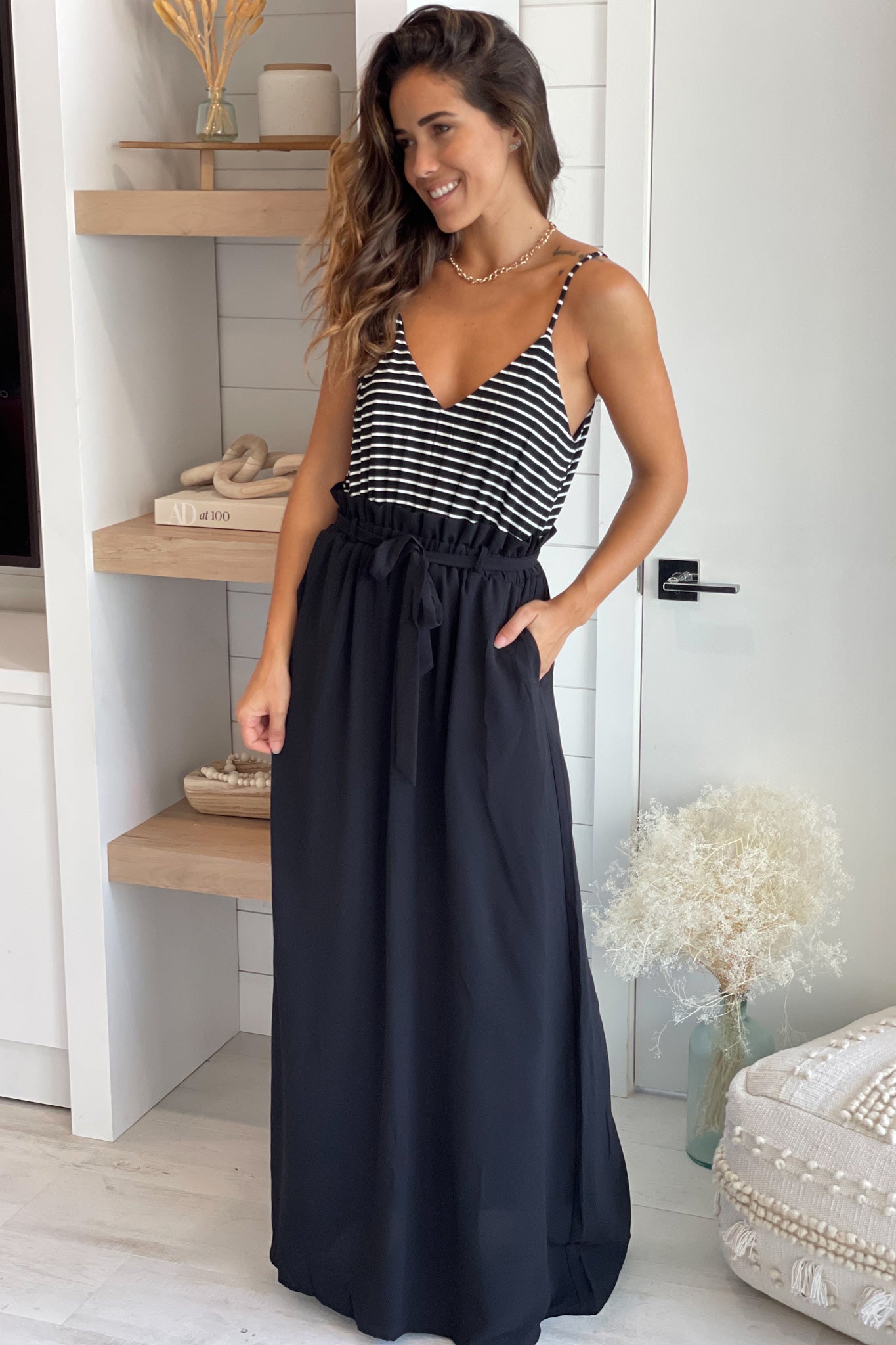 Black Striped Maxi Dress with Paper Bag Waistline | Maxi Dresses Saved by the Dress Black Striped Maxi Dress with Paper Bag Waistline | Maxi Dresses Saved by the Dress