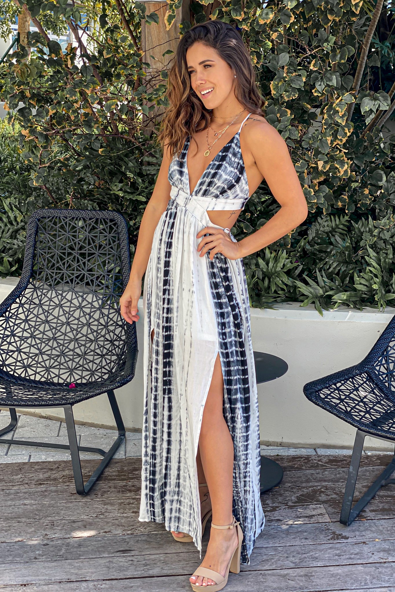 black and white tie dye maxi dress Boho Black White Tie-Dye Maxi Dress Womens Summer Tank Beach Cover-Up S