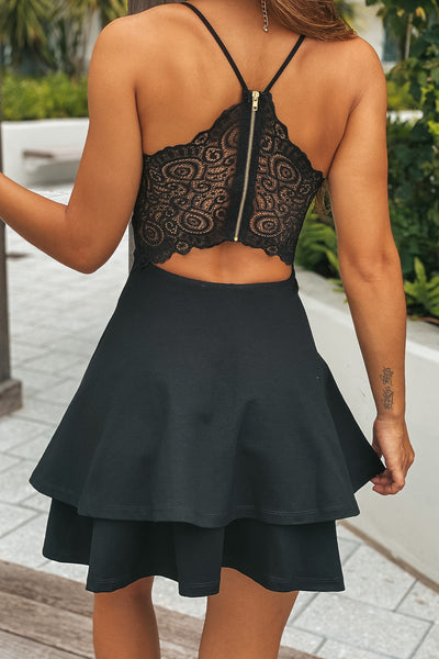 black  tiered short dress with lace back