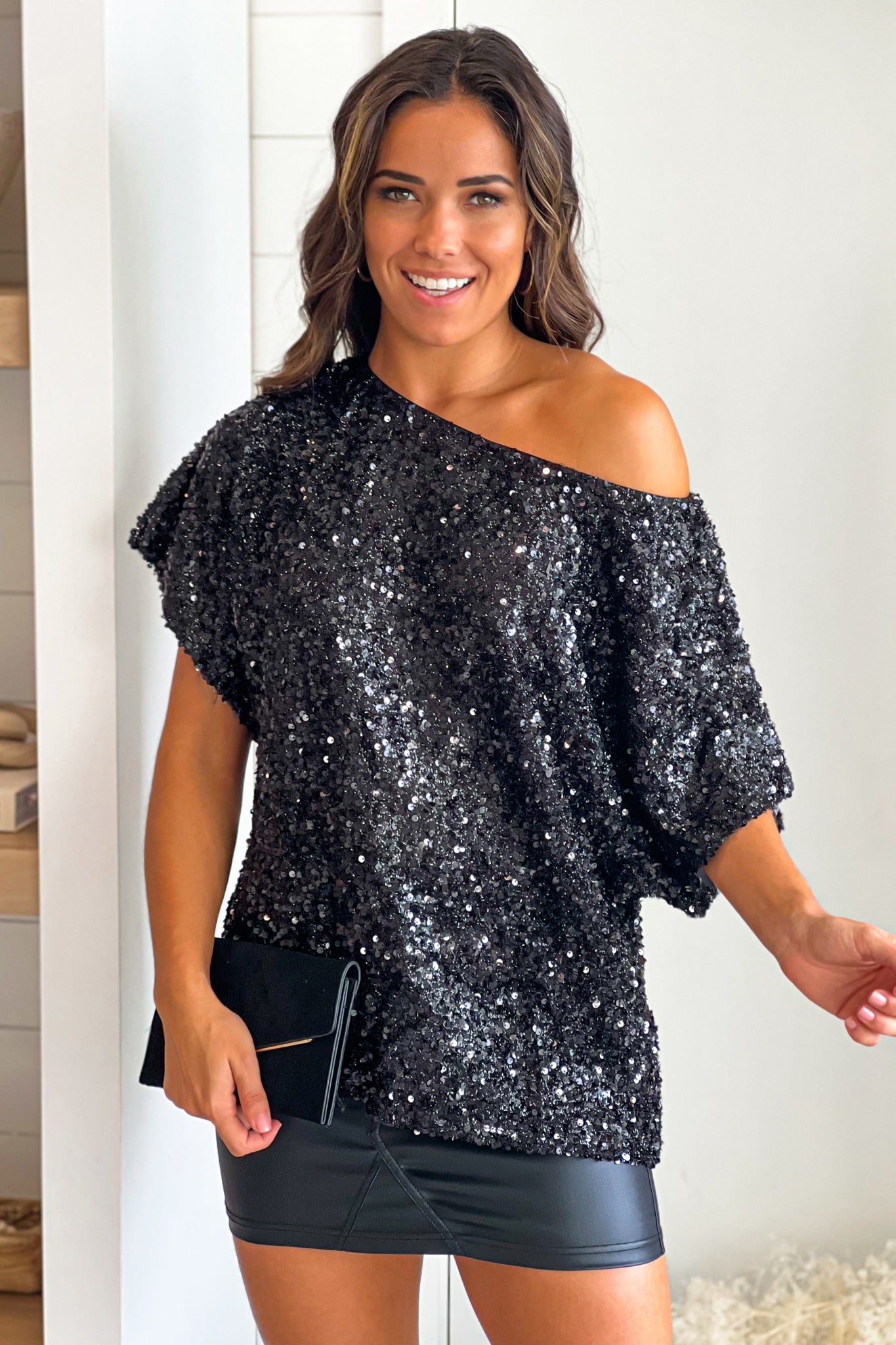 Black Sequin Wide Neck Top Cute Tops – Saved by the Dress